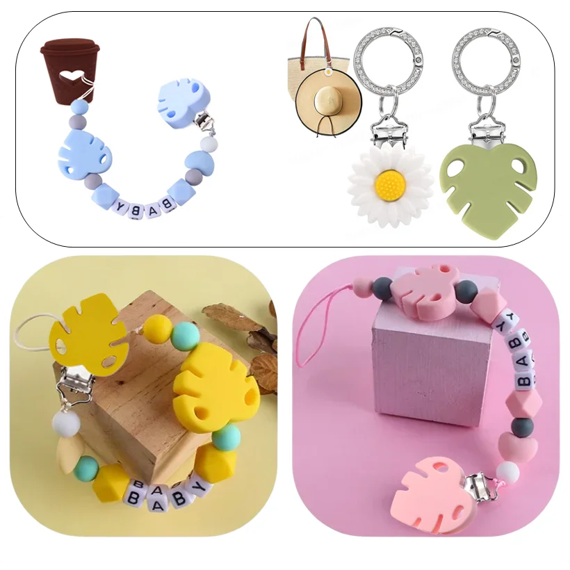 10 個カラフルな葉シリコーンおしゃぶりクリップ BPA フリー看護おしゃぶりダミーホルダーチェーンアクセサリー赤ちゃんの歯が生えるおもちゃ