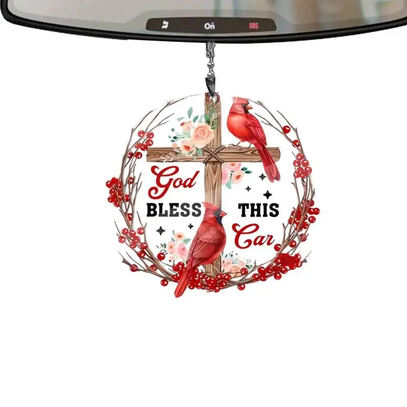 Rear View Mirror Car Pendant God Bless This Car Ornament Charm Bless This Car Cardinal Car Decorative Ornament Acrylic Car Decor