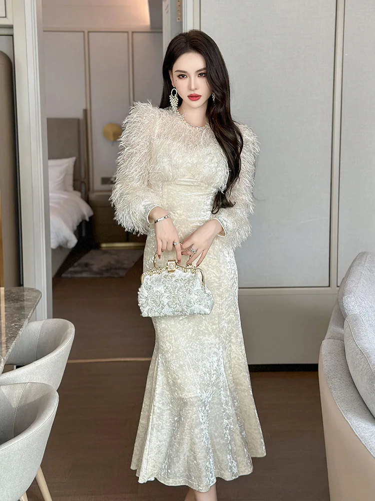 

Coigarsam Women's Dress New Office Lady Cute Patchwork Solid Puff Sleeve Diamonds Zipper O-Neck High Waist Rose Powder Dresses