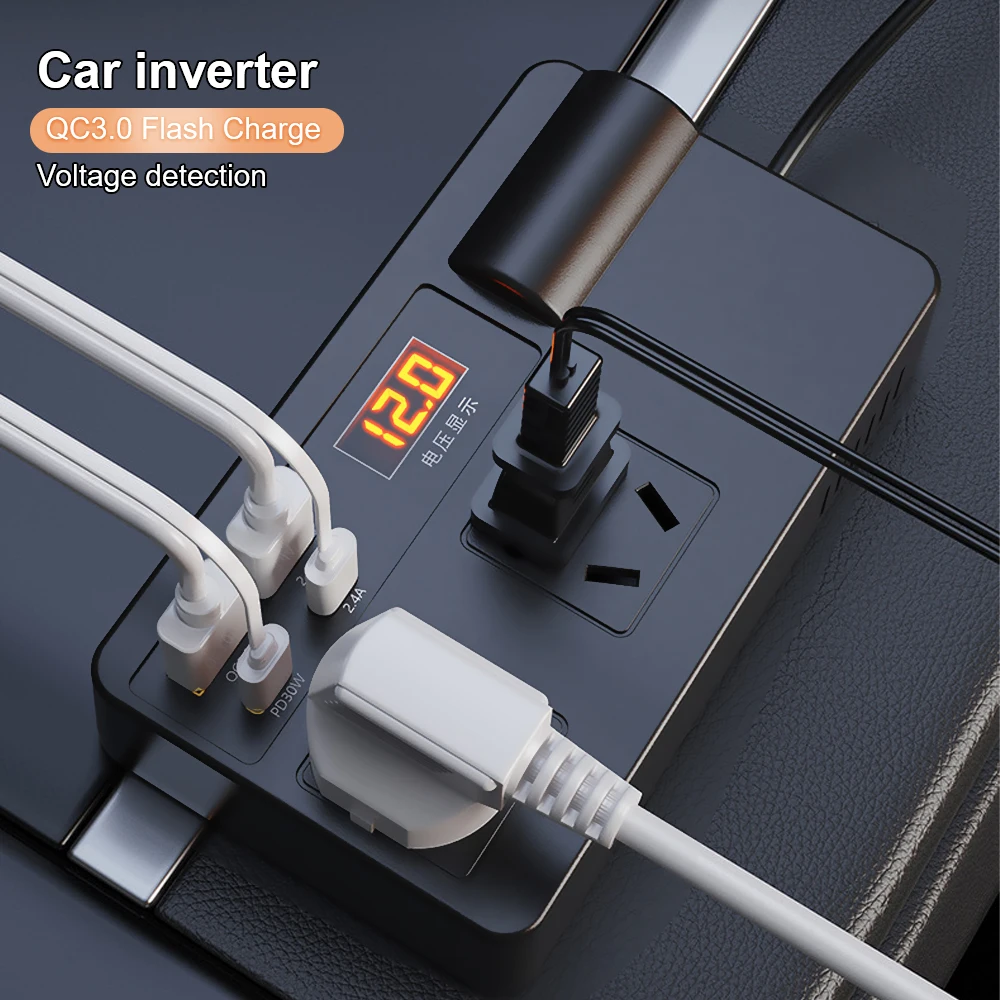 Car Inverter Power Adapter 200W DC 12V/24V to AC 220V Converter QC 3.0 USB/PD/Type-C Chargers Voltage Detection ON/OFF Switch