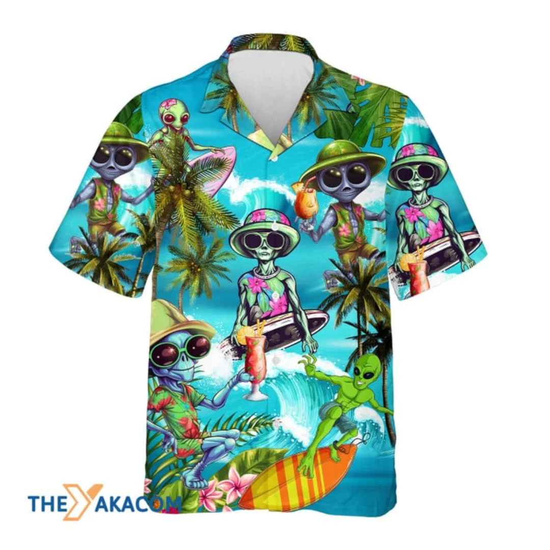 Tropical Alien Hawaiian Shirt for Men Women, Tropical Summer Beach Aloha Button Down Short Sleeves