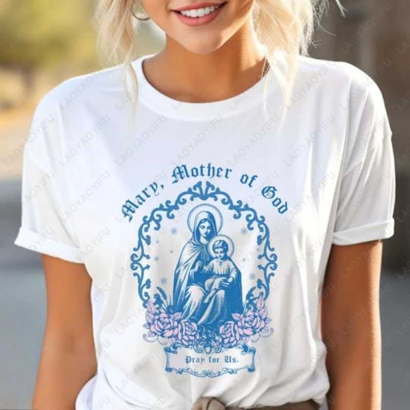 Ropa de algodón de la Virgen María católica de Marian, regalos para mujeres y hombres, camiseta religiosa Floral, camisetas nostálgicas estéticas Vintage cruzadas