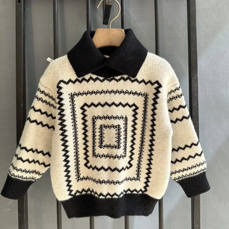 

Korean Style Polo Collar Kidsren's Knitwear Retro Style Boys Spring and Autum Baby Knitwear Lapel Trendy Baby Sweater Clothes