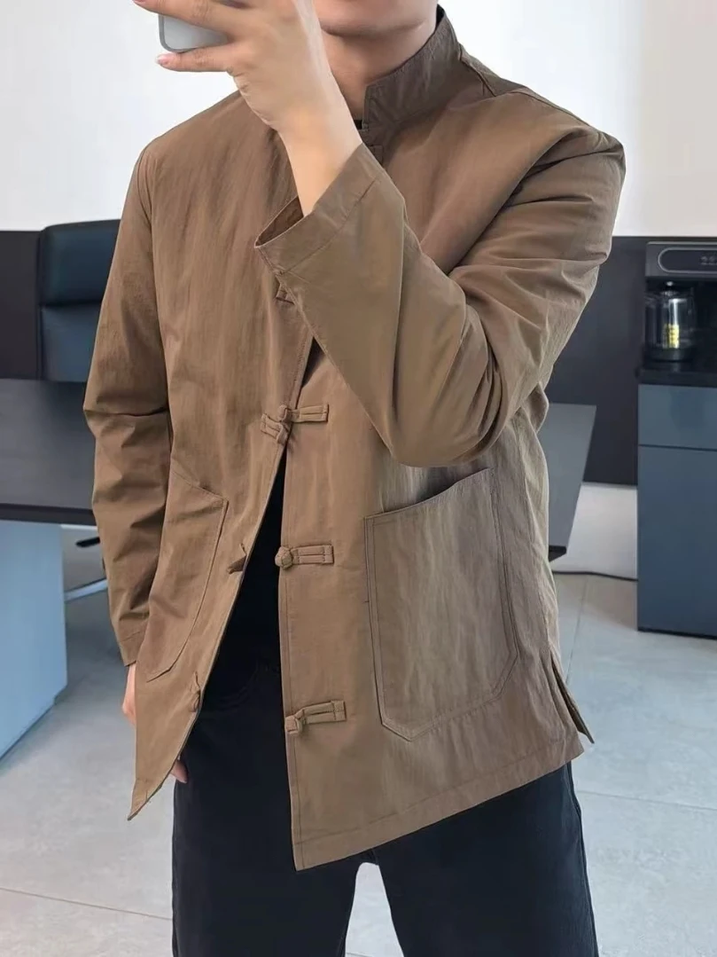 Spring Autumn Men's New Fashion Tang Suit Jacket National Trend Belted Cuff Button High-End Sensation Long Sleeve Casual Wear