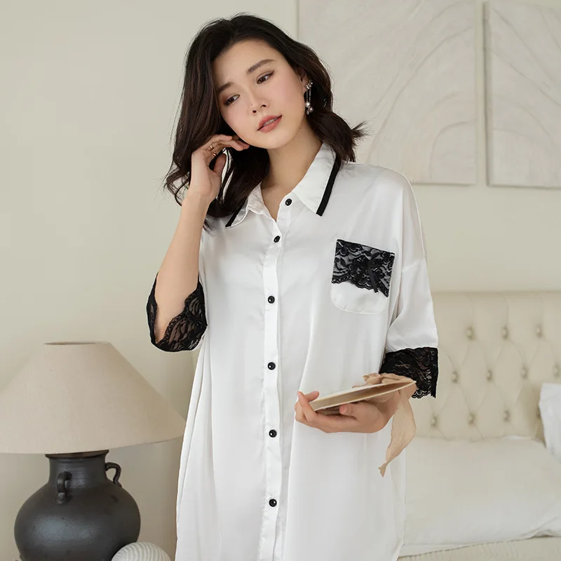 Sexy Lace Patchwork Nightgown Summer New Women Sleepshirt Casual Satin Nightwear Intimate Lingerie Short Nightdress Homewear