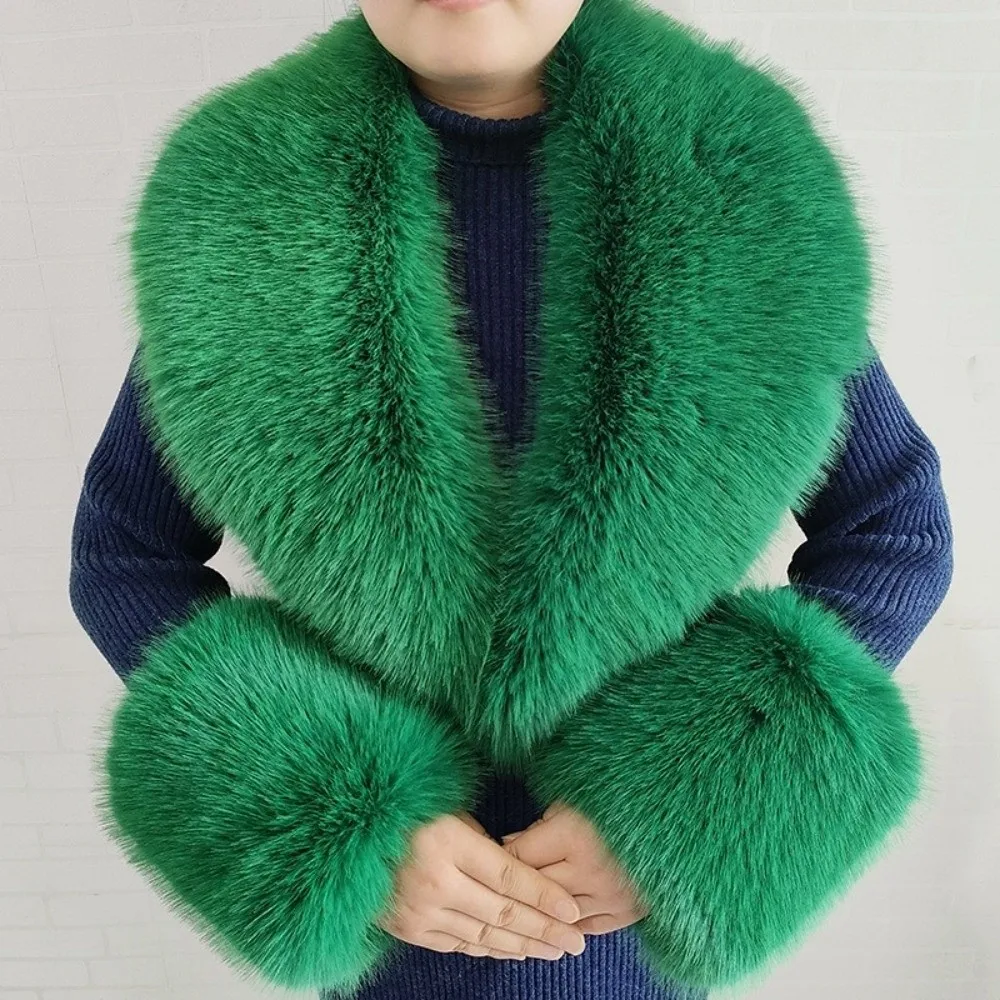 Luxury Large Size Faux Fur Collar Set V Shape Thick Warm Shawl Collar Wrap Oversized Detachable Fur Cuff Set For Women Winter
