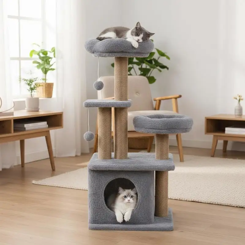 96cm Katzenbaum mit gepolstertem blumenförmigem Liegeplatz, gemütlichem Katzenkondohaus, Katzenbett und hängenden Bällen - Grau