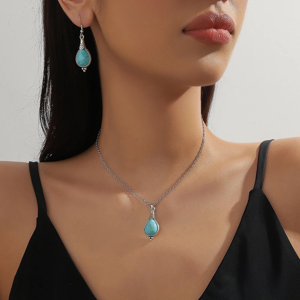 Vintage Bohemian Imitation Turquoise Earrings Necklaces Set for Women Classic Flower Round Water Drop Silver Color Jewelry