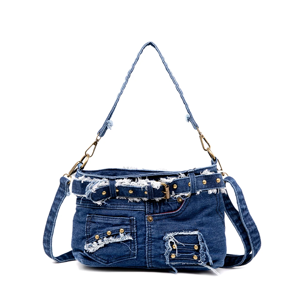 LeisureL Handbag Cool Cowboy Material  Jeans Pocket With Metallic Rivets And Buckle Denim Cross Body Bag