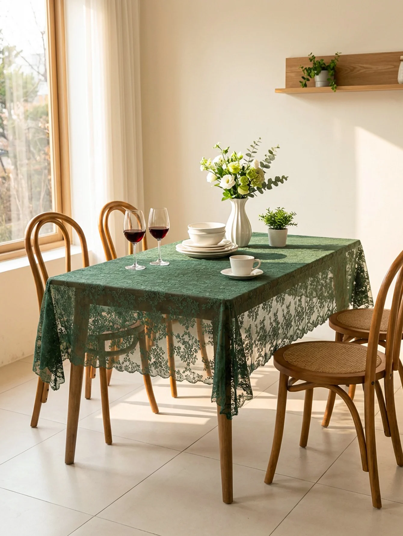 Retro Green Floral Lace Tablecloth, Semi-Transparent Sheer Overlay, Elegant Dining Table Cover for Home Party Wedding