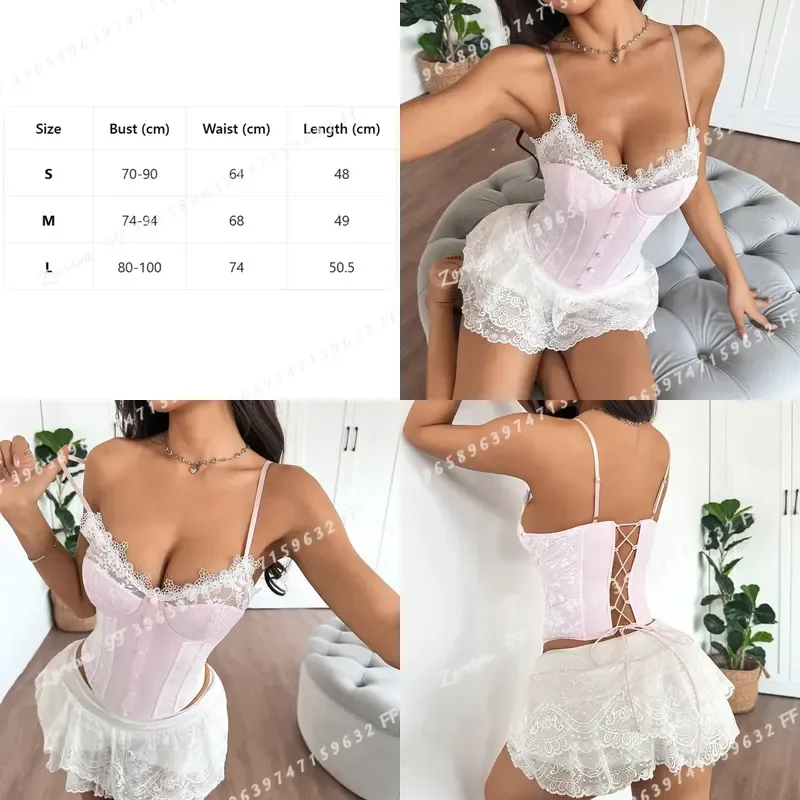 Women Sweet Pink Lace Corset Top Spaghetti Strap Bustier Crop Top Floral Lace Button Front Camisole for Nightclub Party