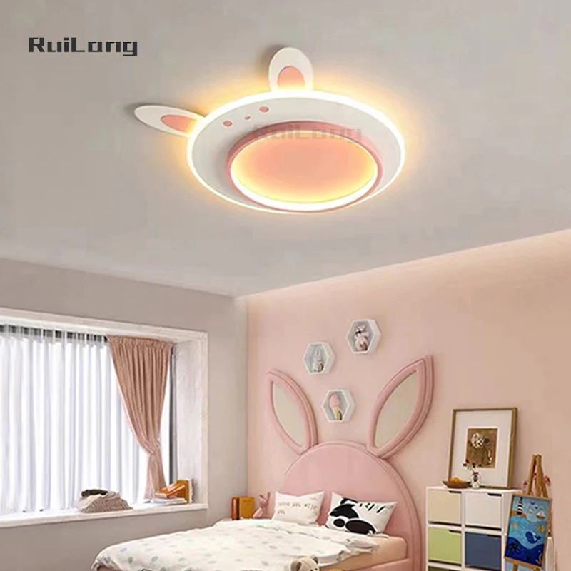 Kids Room Ceiling Light Rabbit Design Cartoon Pink Chandelier Children Princess Girl Bedroom Decor Cute Bunny Led Ceiling Lamps