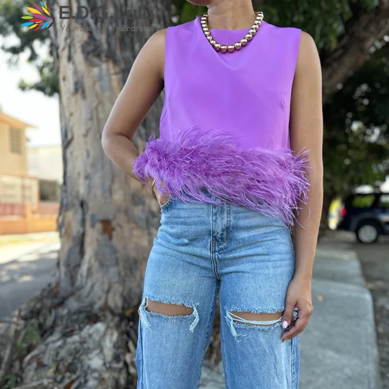 

EDGLuLu New Arrival Casual O Neck Sleeveless Purple White Vest Top Woman Design Feather Patchwork Fashion Short Vest Top
