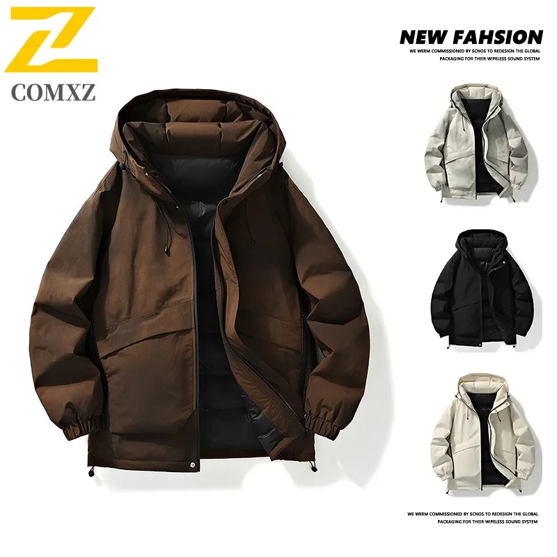 COMXZ Men Puffer Jacket Hooded Thick Warm Ski Street Loose Coldproof Travel Cotton Padded Jacket High Quality Snow Winter Jacket