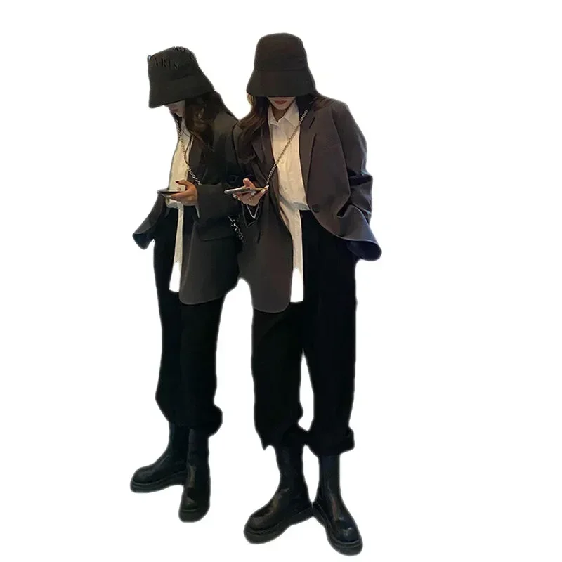 Korean Style Gray Blazer for Women Spring Autumn Long Sleeve Loose Suit Coat Woman Single Breasted Chic Jackert Female