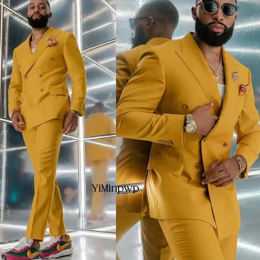 

YiMinpwp Gold Men's Suits Peaked Lapel Best Men Groom Wedding Party 2 Pieces Satin Banquet Prom Blazer Slim Fit Suit XS-5XL