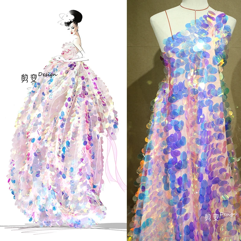 Creative Mermaid Scale Large Sequins Exaggerate Designer Fabric Laser Fantasy Mesh Dress Fabric