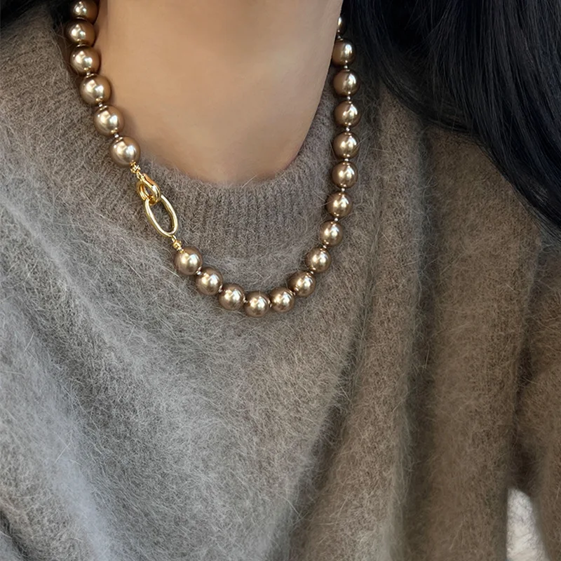 Minar 2024 New 8 10mm Champagne Color Simulated Pearl Beaded Necklaces for Women Femme Toggle Clasp Beads Long Sweater Chain