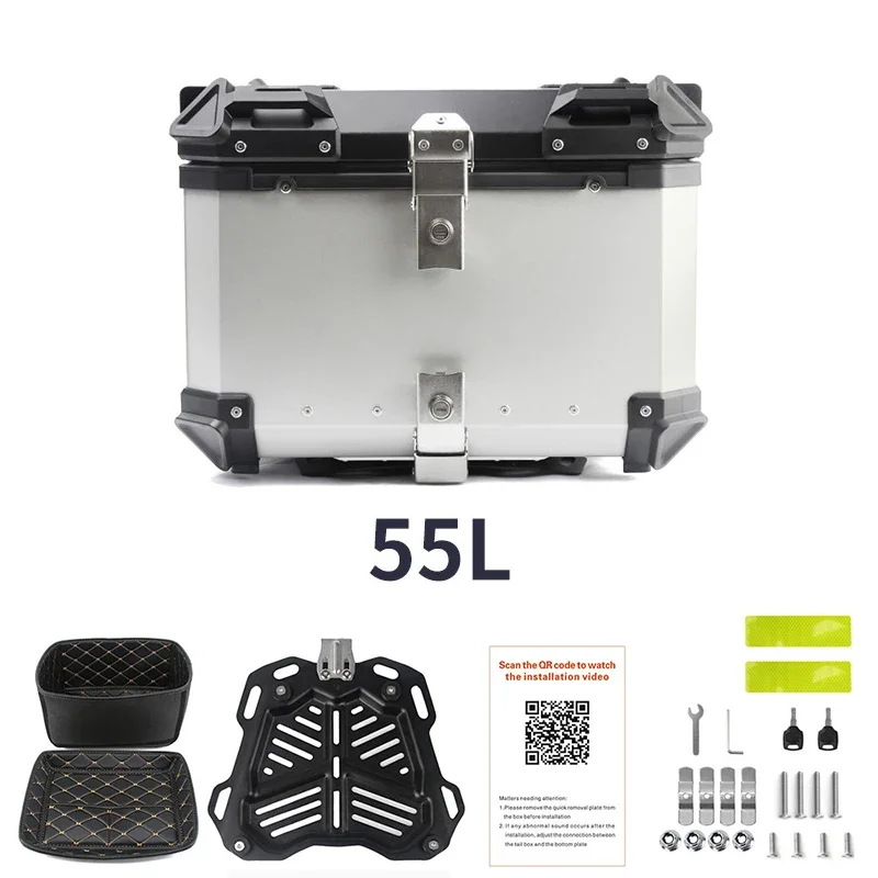 SLKE 55L New Motorcycle Tail Box Aluminum Silver Black With Linier Bottom Plate Larger Motorcycle Trunk For Sale