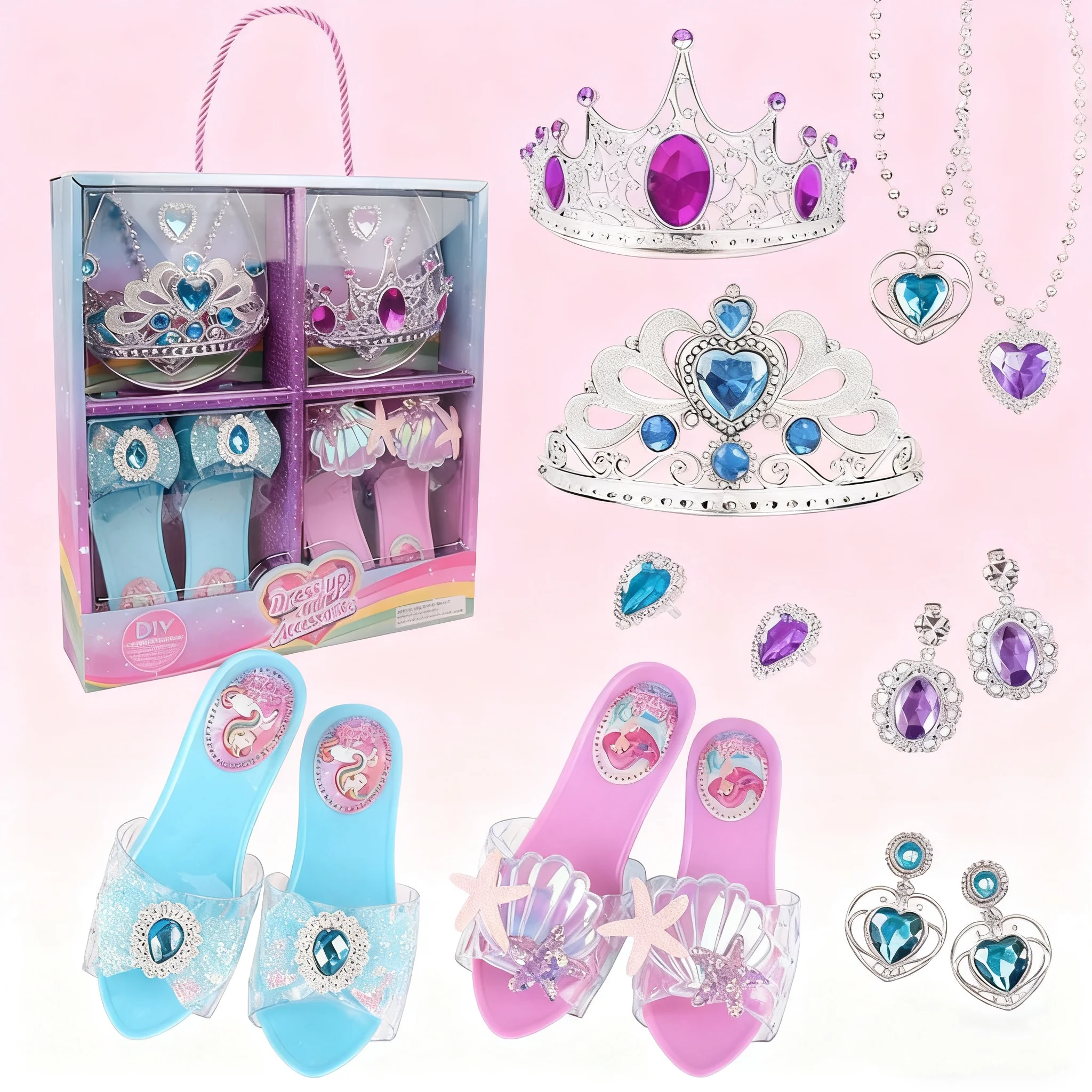 แต่งตัวของเล่นสาวรองเท้าแตะแก้วสร้อยคอต่างหูชุดเครื่องประดับของเล่น