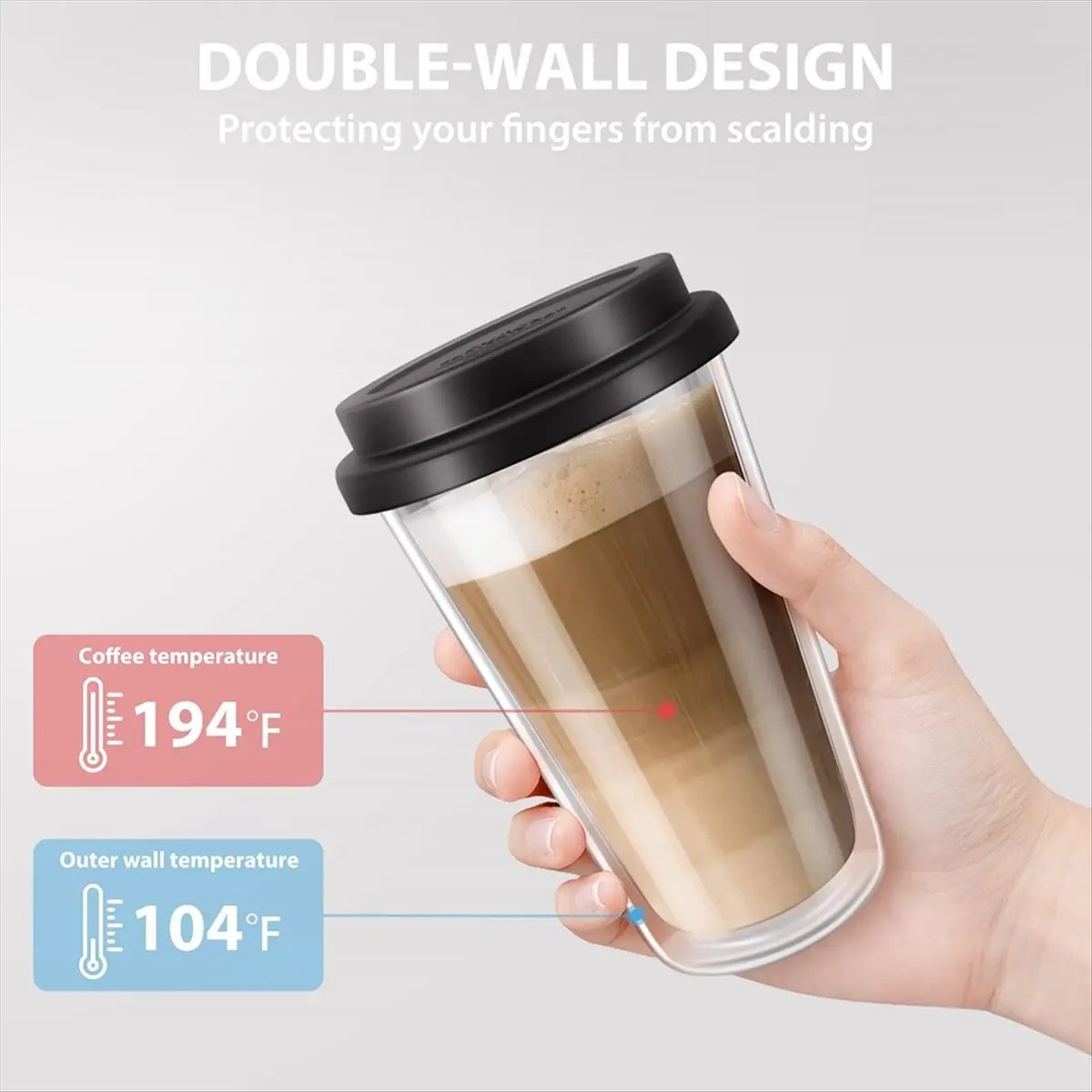 FOR HOME 2 Packs Double Walled Glass Coffee Mugs with Silicone Lids,12 OZ /350ML Insulated Drinking Coffee Cups, Dishwasher Safe
