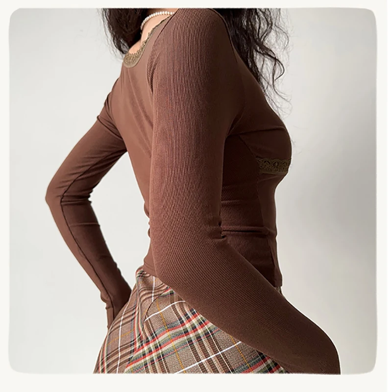 HELIAR donna Patchwork pizzo scollo a v Slim Sexy t-Shirt Y2k Crop Top manica lunga Solid Tees Streetwear camicetta ufficio camicia autunno