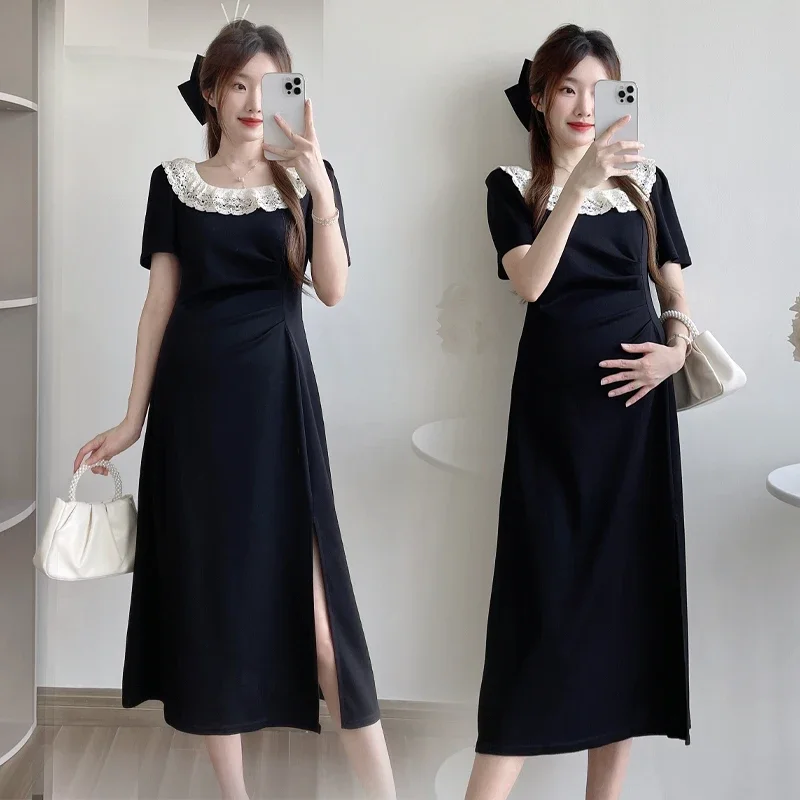 

Summer Maternity Dress Black Sweet Lace Peter Pan Collar Side Split Pregnant Woman Slim Dress Elegant Pregnancy Dress Wholesale