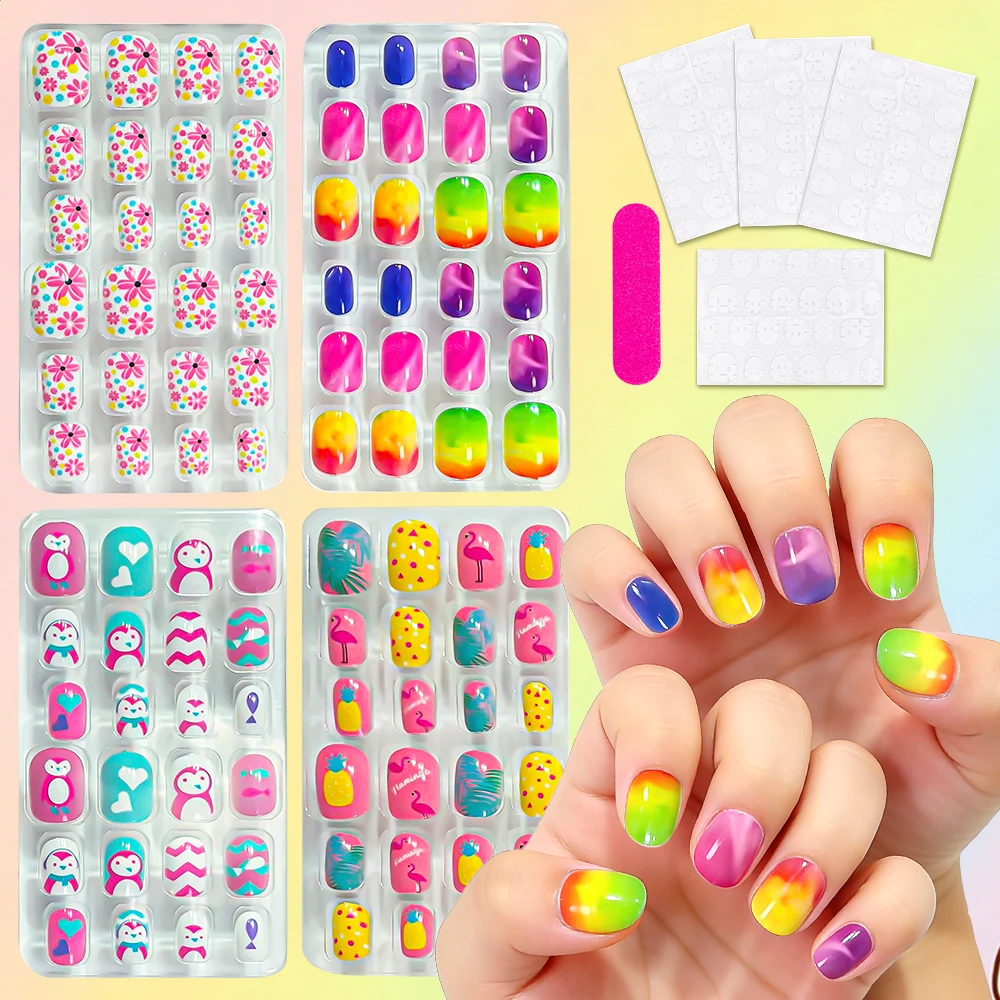 192pcs Rainbow Pony Cute Girls Press On Nails Colorful Daisy Flamingo Unicorn Fake Nails For 10-16years Kids DIY Artificial Nail