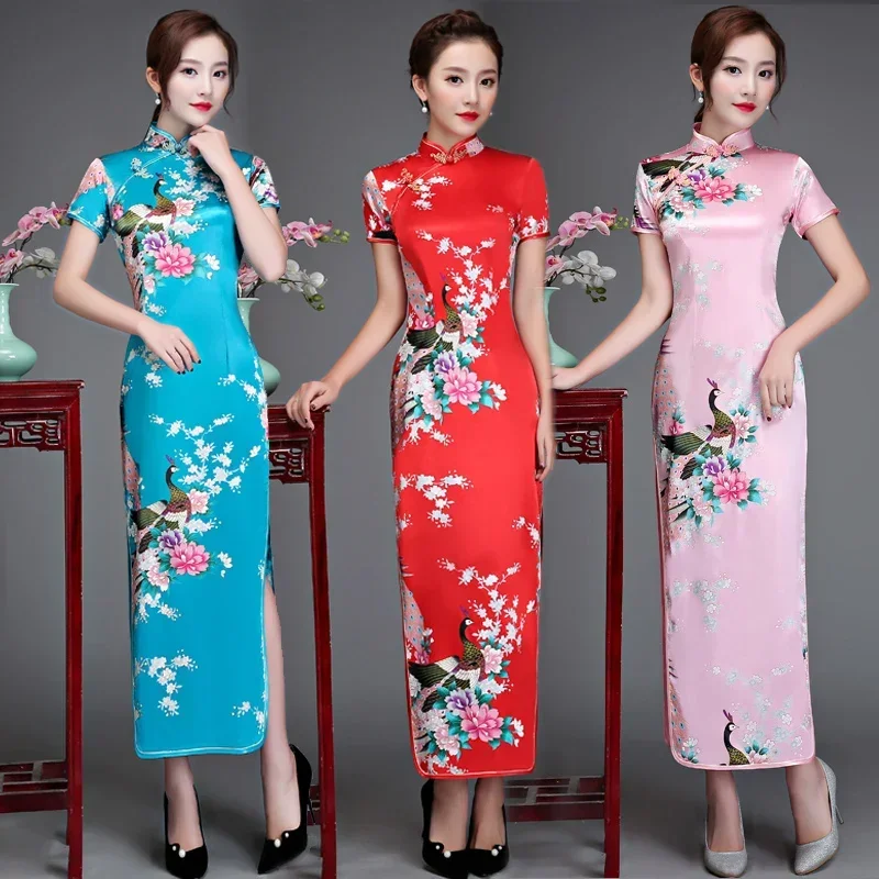 Maat 6xl Bloemen & Pauw Chinese Lady Cheongsam Qipao Print Bloem Sexy Lange Jurk Bruid Trouwavond Feestjurk Vestidos