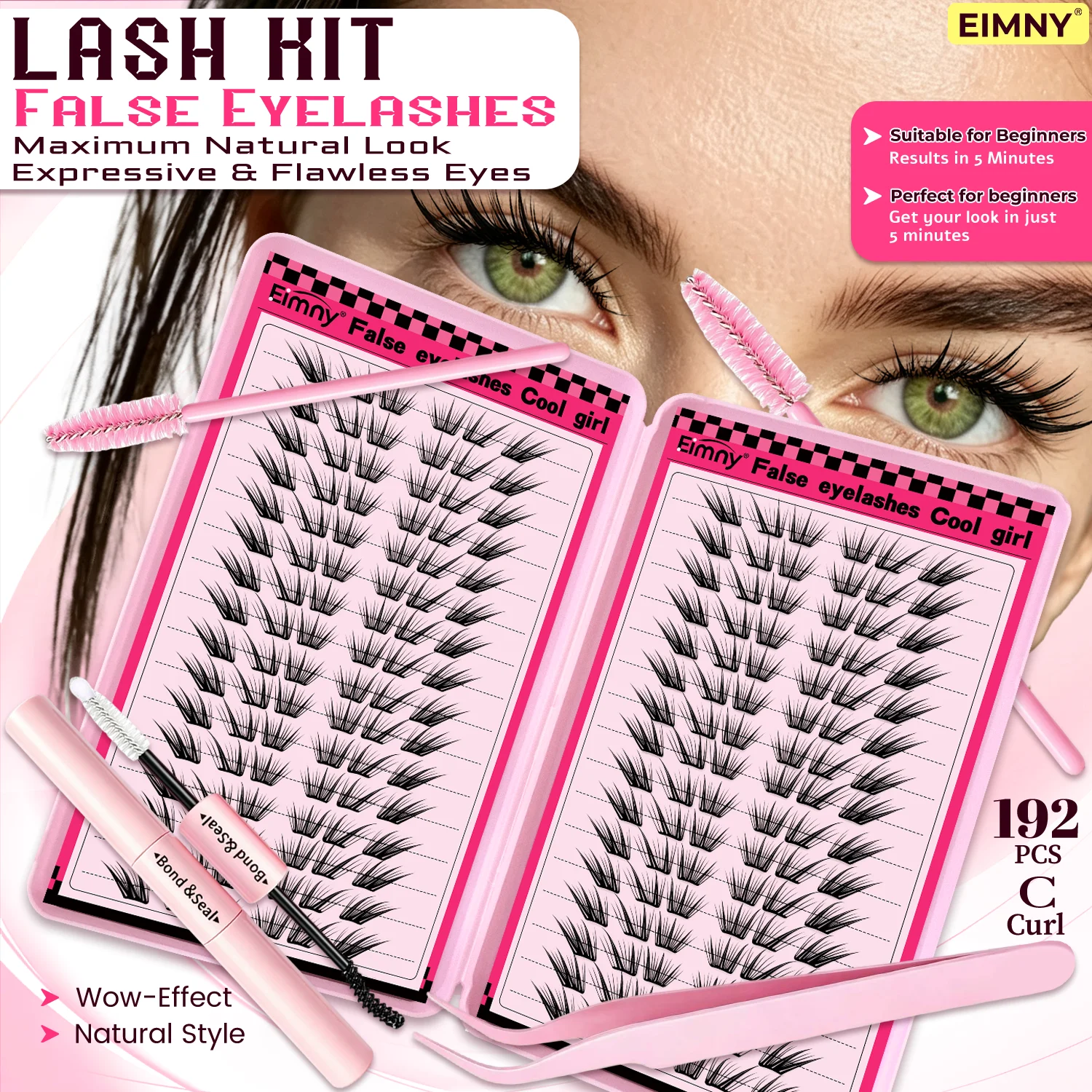EIMNY 192 Pcs Fox Eye Wet‑Look Lash Clusters Kit, Manga Wispy Individual Lashes With Invisible Thin Lash Band, Soft Lightweight