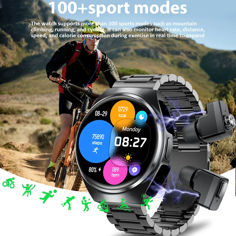 TWS 2-in-1 Smart Watch with Headphones Sports Play Music Bluetooth Headset Call Men Health Monitor NFC Women Smartwatch Earbuds