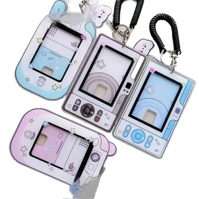 Camera Shaped Acrylic Cute Photocard Holder with Coil Lanyard Clear Window for Kpop Fans Souvenir Backpack Decor