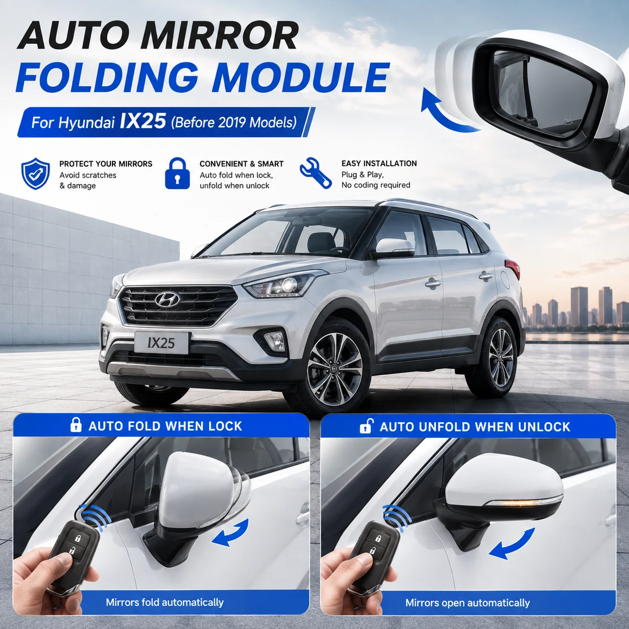 Dedicated retrofit kit for pre-2019 Hyundai ix25: enables automatic rearview mirror folding upon locking and automatic unfolding