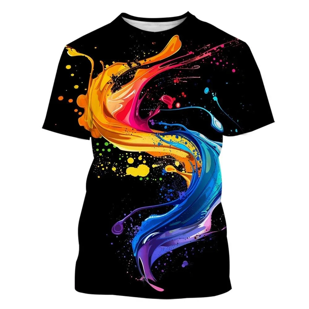 Kreatives, individuelles Hip-Hop-T-Shirt mit mehrfarbigem Tintenfleck-Muster, 3D-Druck, atmungsaktiv, für Männer und Frauen, Streetwear, lässig, trendig, Kinderoberteil – Detail 3