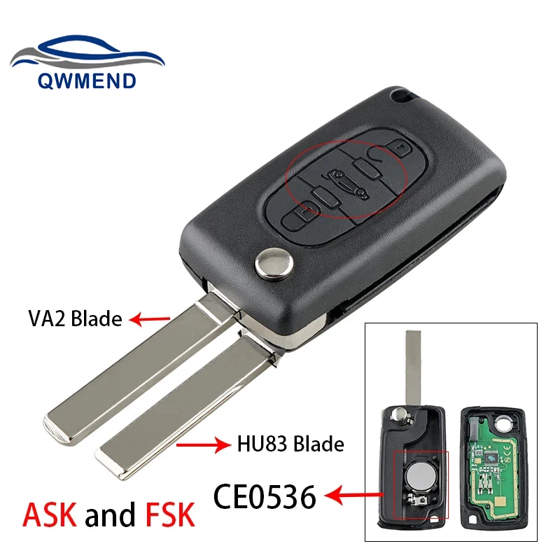 

QWMEND Car Remote Key for Peugeot 207 307 407 208 308 408 607 Smart Car Keyless Entry FSK or ASK 3 Buttons CE0536