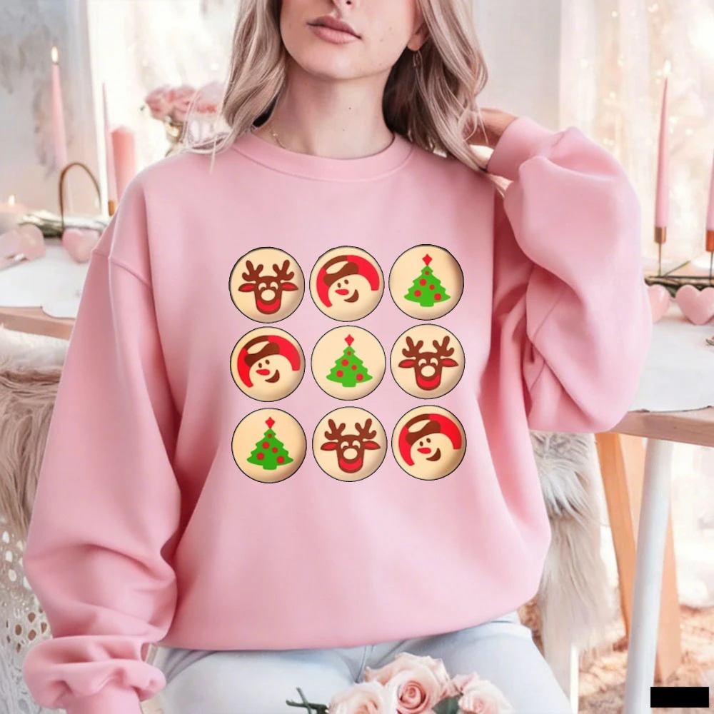 Cute Christmas Cookie Grid Reindeer Snowman Tree Cartoon Graphic Long Sleeve Pullover Casual Winter Sweet Xmas Holiday Party Top