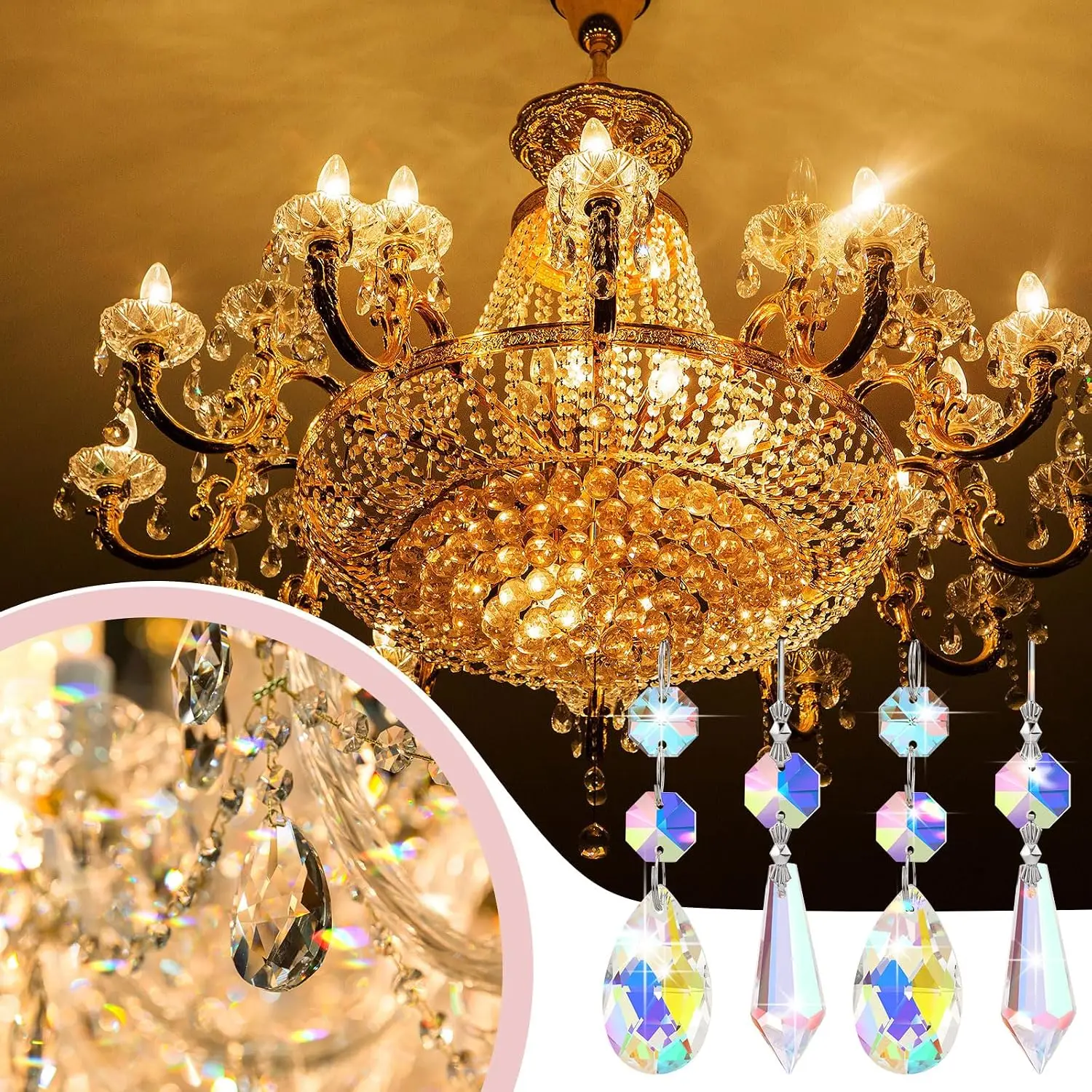 24Pcs 38mm Teardrop Icicle Prisms Chandelier Crystals Colorful Replacement Parts for Chandelier Lamps