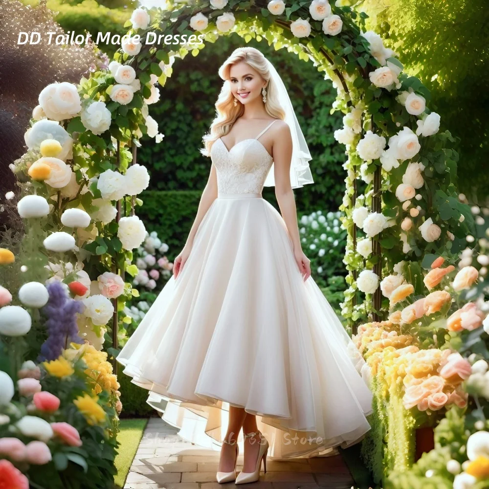

High Low Civil Wedding Dress Spaghetti Straps A-Line Ivory Bridal Gowns Lace Appliques Organza Satin Garden Vestidos Customized