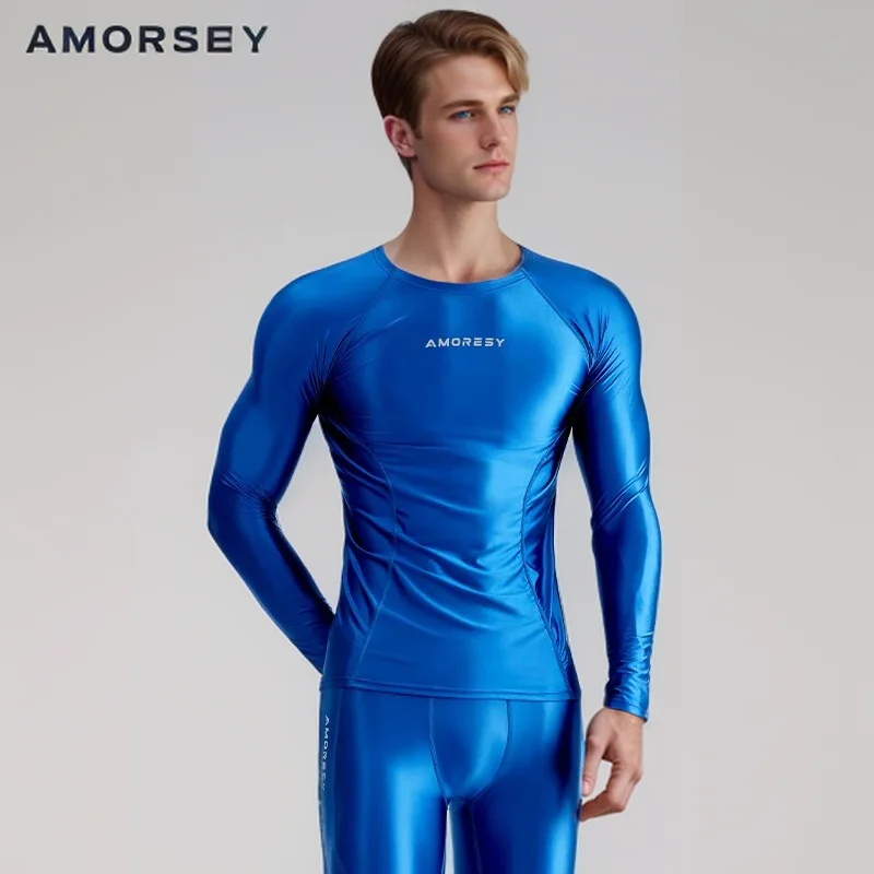 AMORESY Men Glossy Smooth Round Neck Long Sleeve Satin Oil T-Shirt Spandex Compression Surfing Sports Fitness Running Top Tights