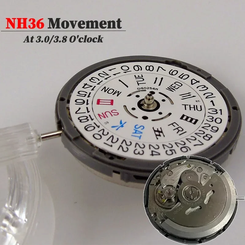 White/Black NH36 24 Jewels Automatic Movement Crown at 3.0 O'Clock Calendar NH36 Watch Parts Stem Set All in English