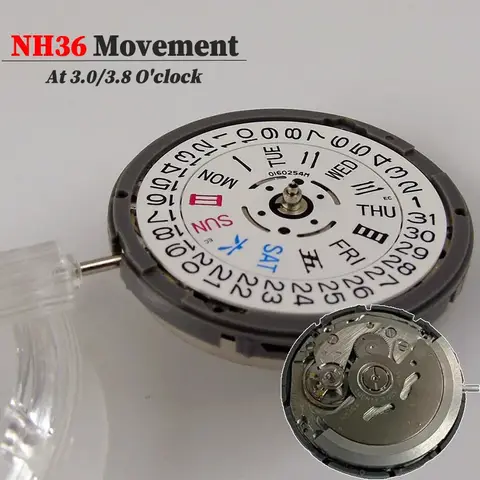 White/Black NH36 24 Jewels Automatic Movement Crown at 3.0 O'Clock Calendar NH36 Watch Parts Stem Set All in English