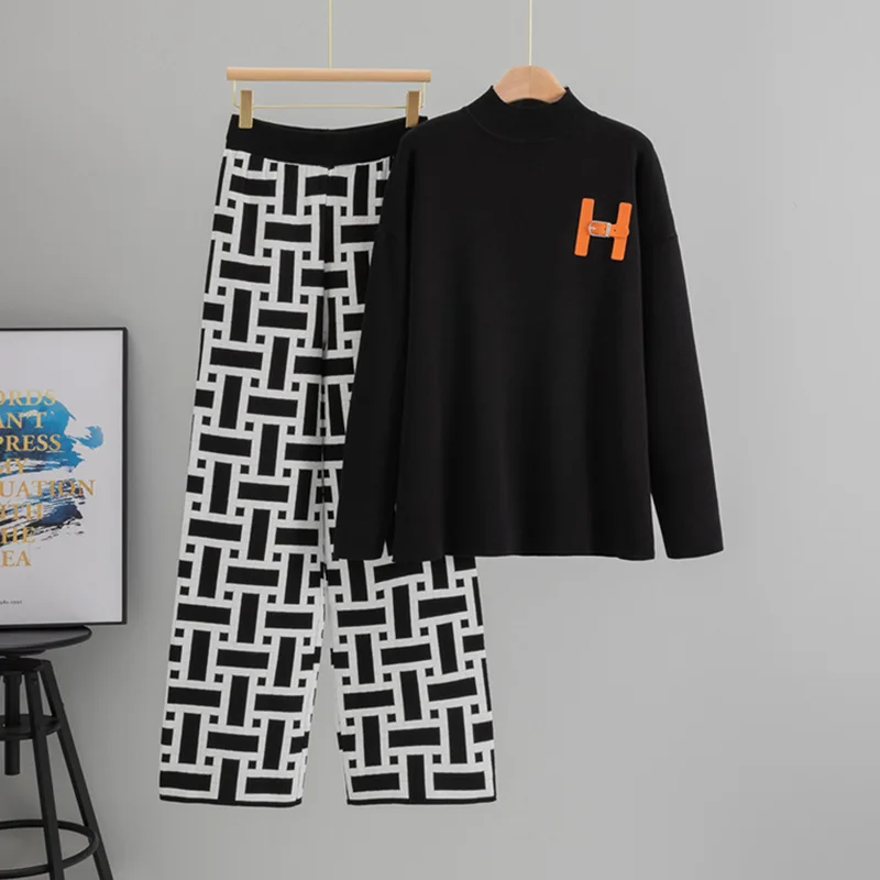 

ALPHALMODA 2025, Fashionable Casual Sweater, Wide-leg Pants, Two-piece Set, Women Long-sleeved, Jumpers, Trousers, Fashion Set