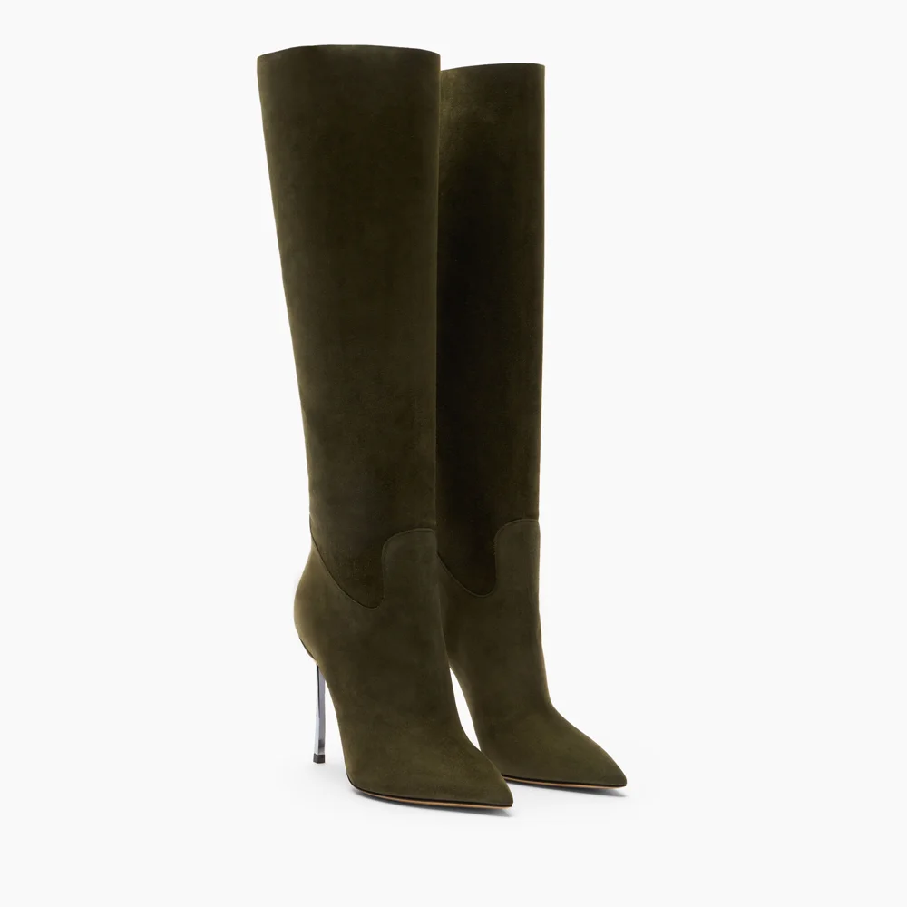 Olive Green Suede Knee High Boots Elegant Pointed Toe Tall Boots Slim Metallic Stiletto Heel Pull‑on Style Party Dress Boots
