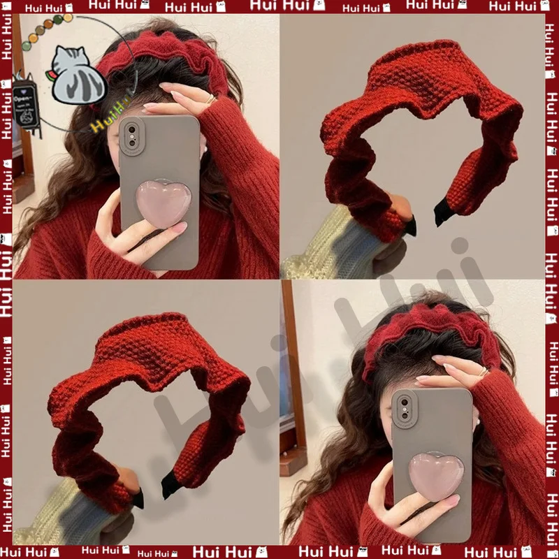 High Cranial Top Pleated Wool Wide Version Hair Hoop Headband Women Retro Red Knitted Hair Clip Hair Accessory Slim Face