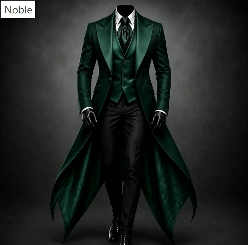 Green Men Gothic Long Tail Coat Suit 3 Pieces Jacket Vest Pants Tuxedo Wedding Groom Prom Halloween Cosplay Outfit Customized