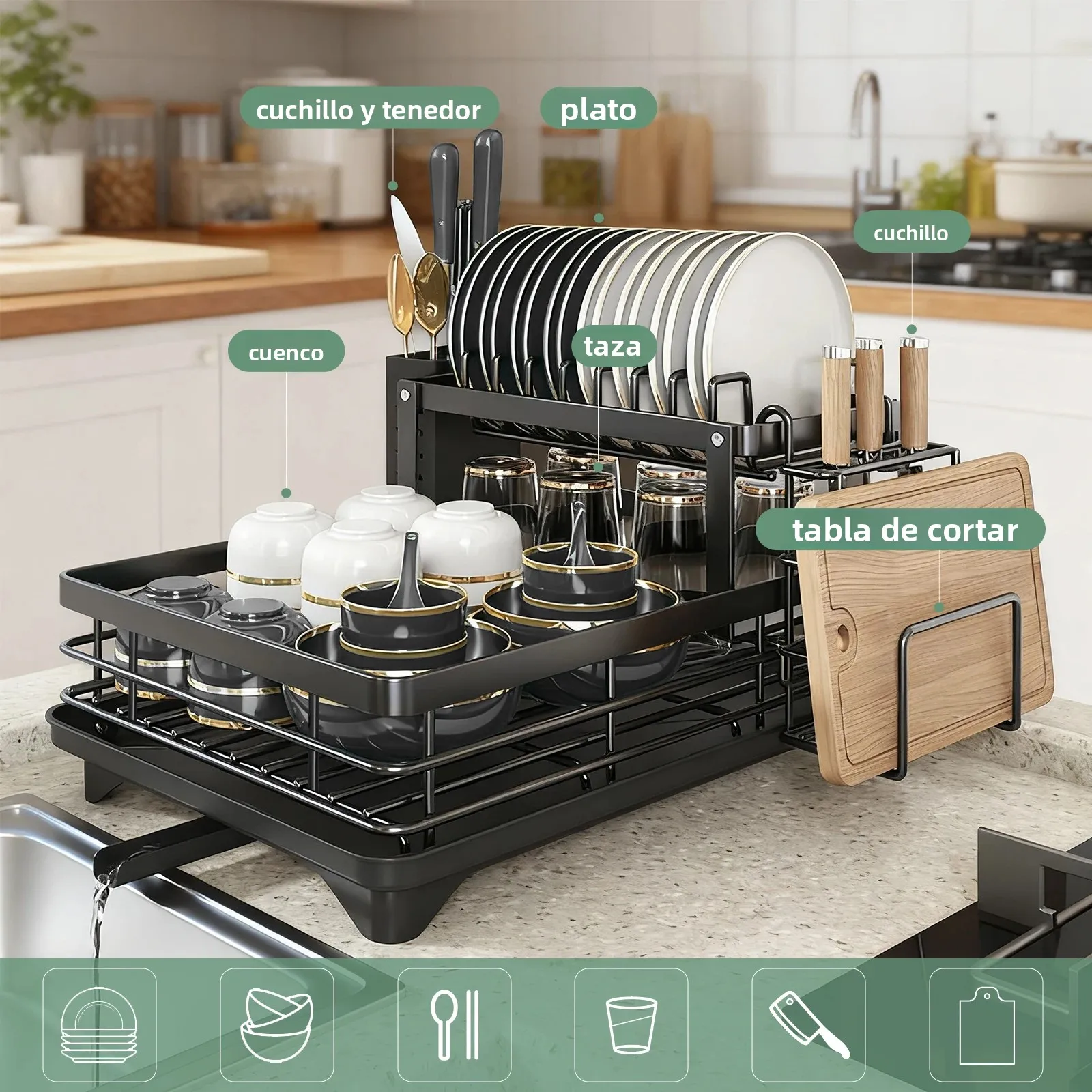 Escurridor de platos de 2 niveles, apto para encimeras de cocina, escurridor de platos metálico con soporte para cuchillos, vajilla y vasos con drenaje.