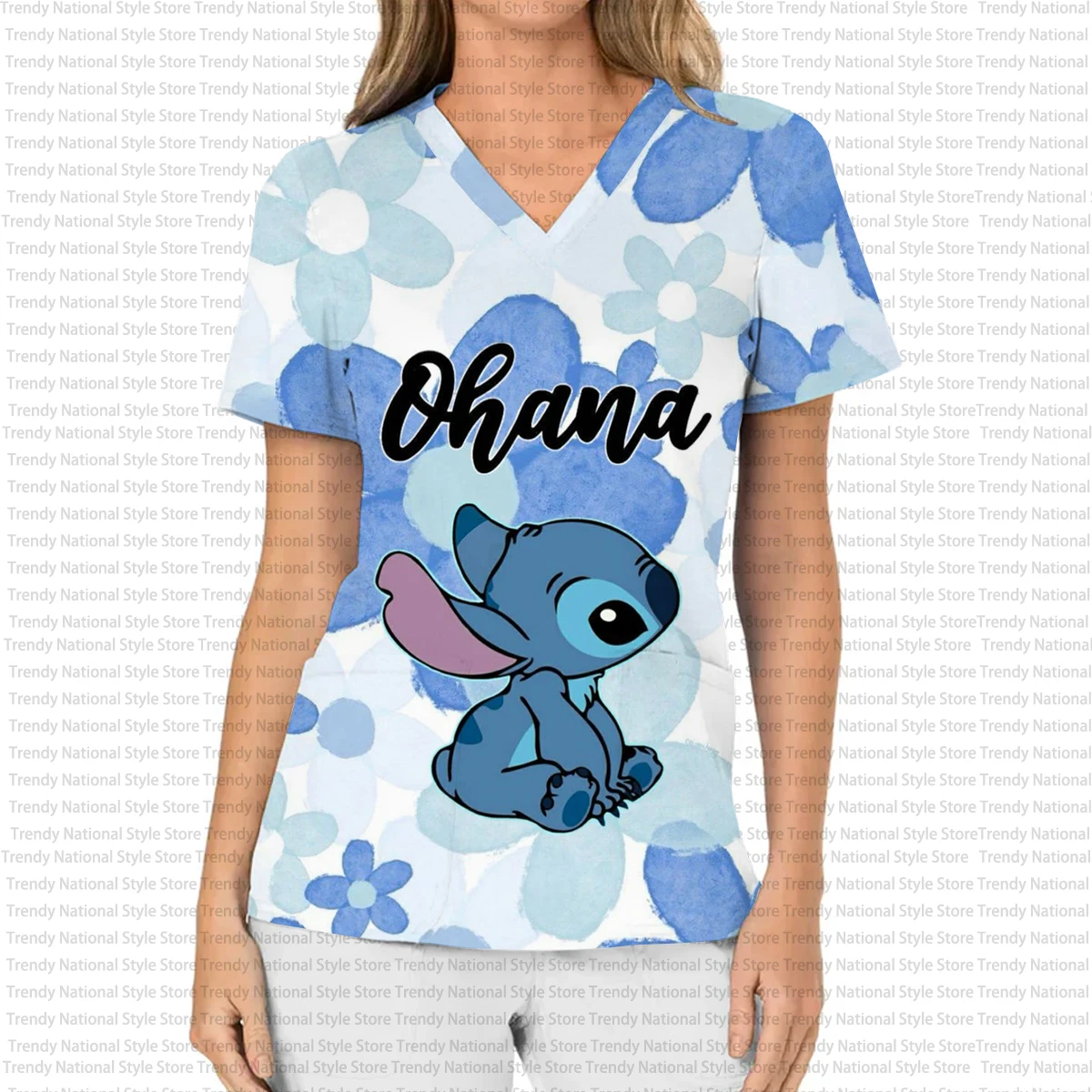 新しいディズニー スティッチ ナース 女性病院 ペットショップ Tシャツ、女性用看護師ユニフォーム プリント V ネック ナース フロストトップ