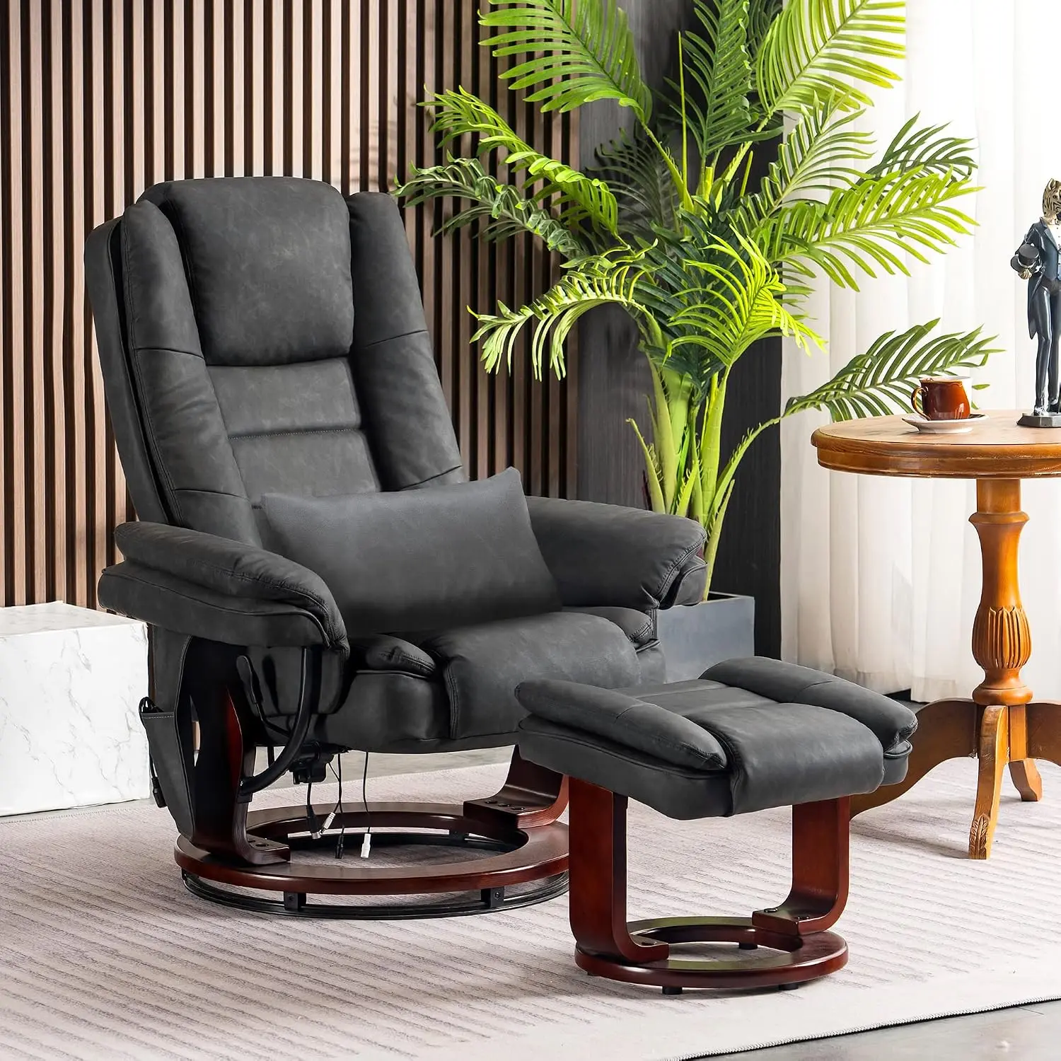 Swivel Recliner with Ottoman Chair, TV Chair Sets with Vibration Massage, for Small Space Living Room Bedroom 9096 9099 (Faux Le