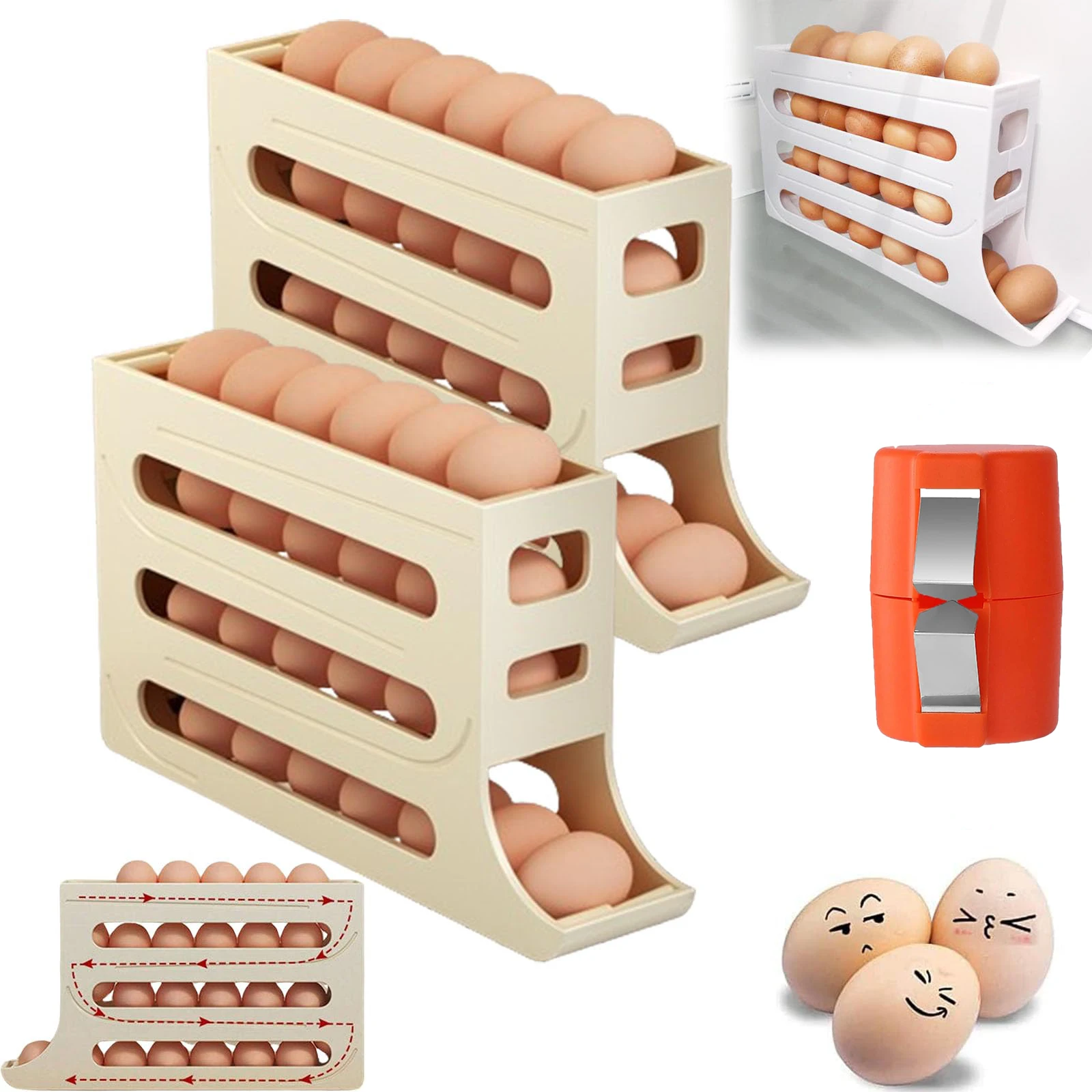 4-Layer Egg Storage Rack Slide Rail Automatic Rolling Egg Rack Dispenser 30 Large Capacity Space-Saving Push-Pull Egg Storage Bo