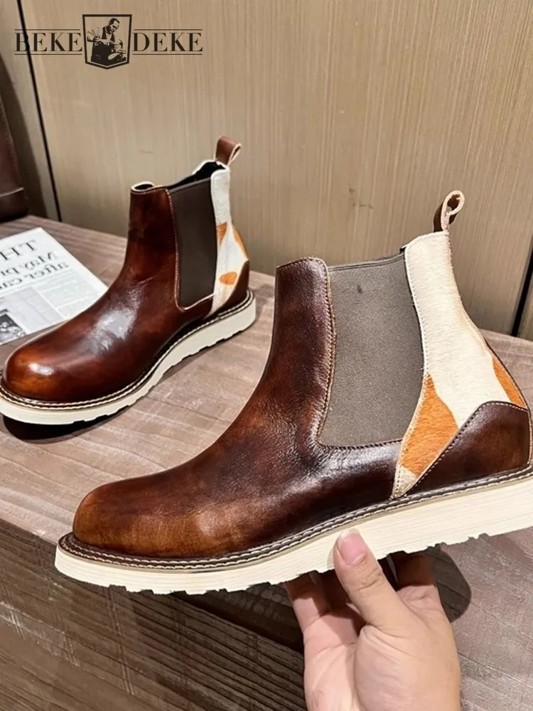 Fashion Men High Top Chelsea Boots Spliced Cowhide Genuine Leather Ankle Boots Vintage Slip On Business Casual Work Safety Shoes